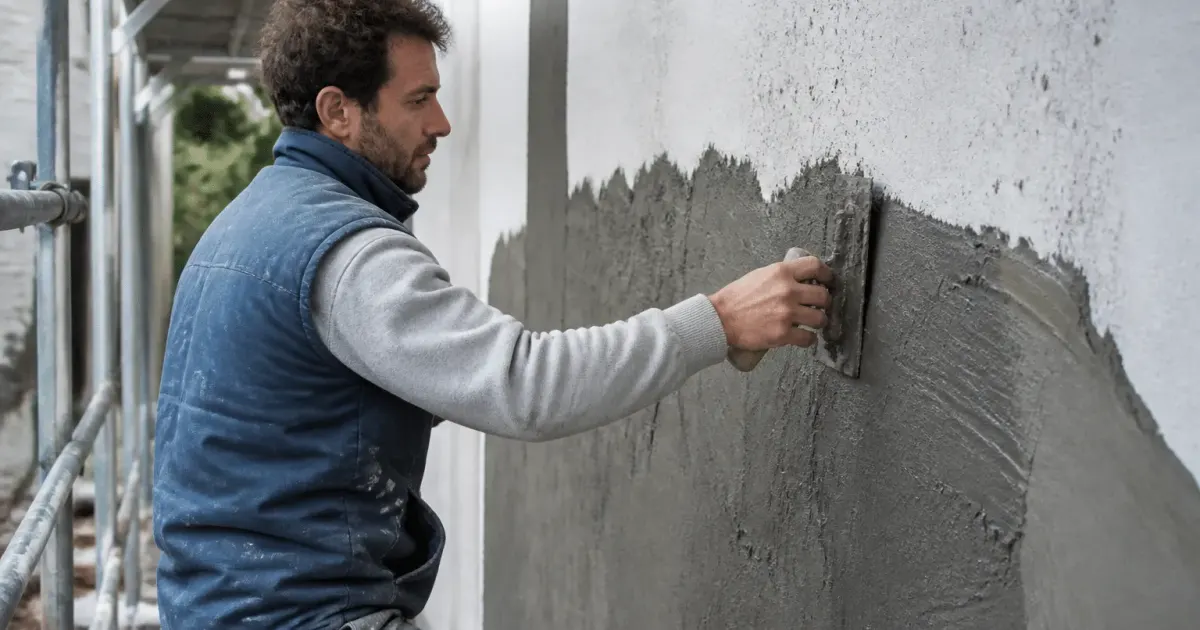 Ouvrier appliquant enduit gris sur facade verticale avec truelle