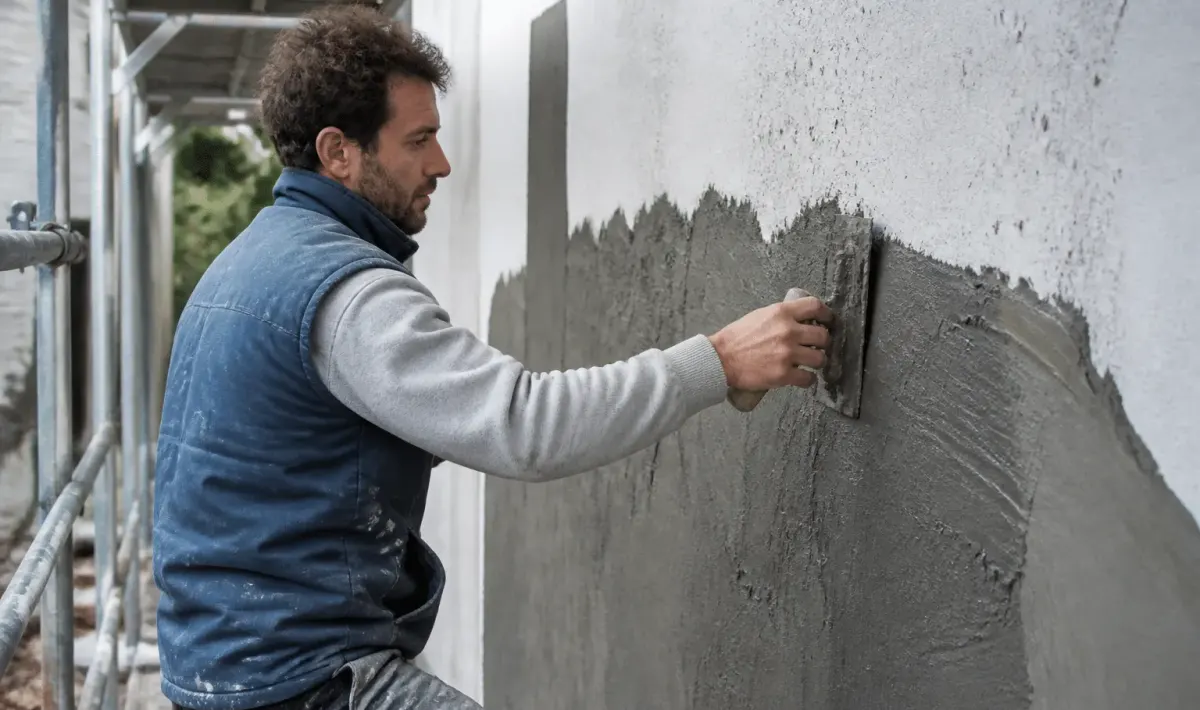 Ouvrier appliquant enduit gris sur facade verticale avec truelle