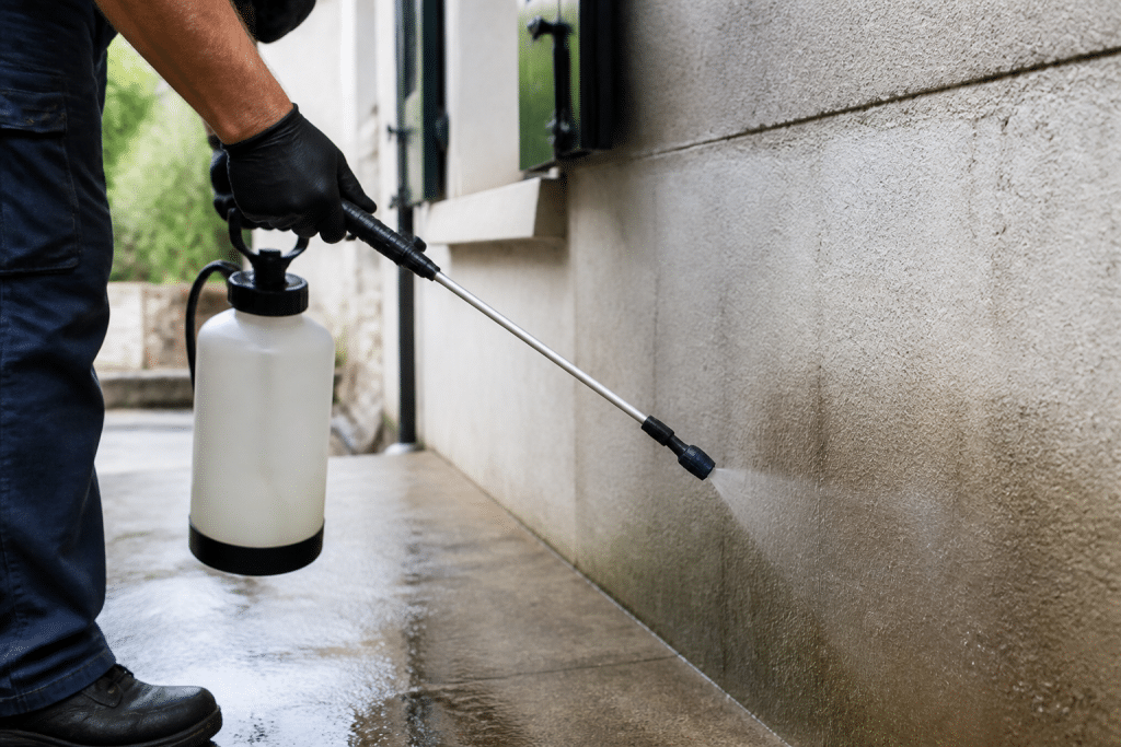 Applicateur pulverise produit hydrofuge sur surface poreuse humide