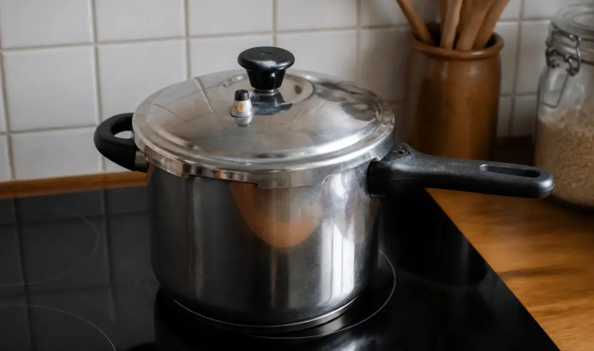 Chou-fleur entier dans cocotte-minute fermée sur plaque de cuisson