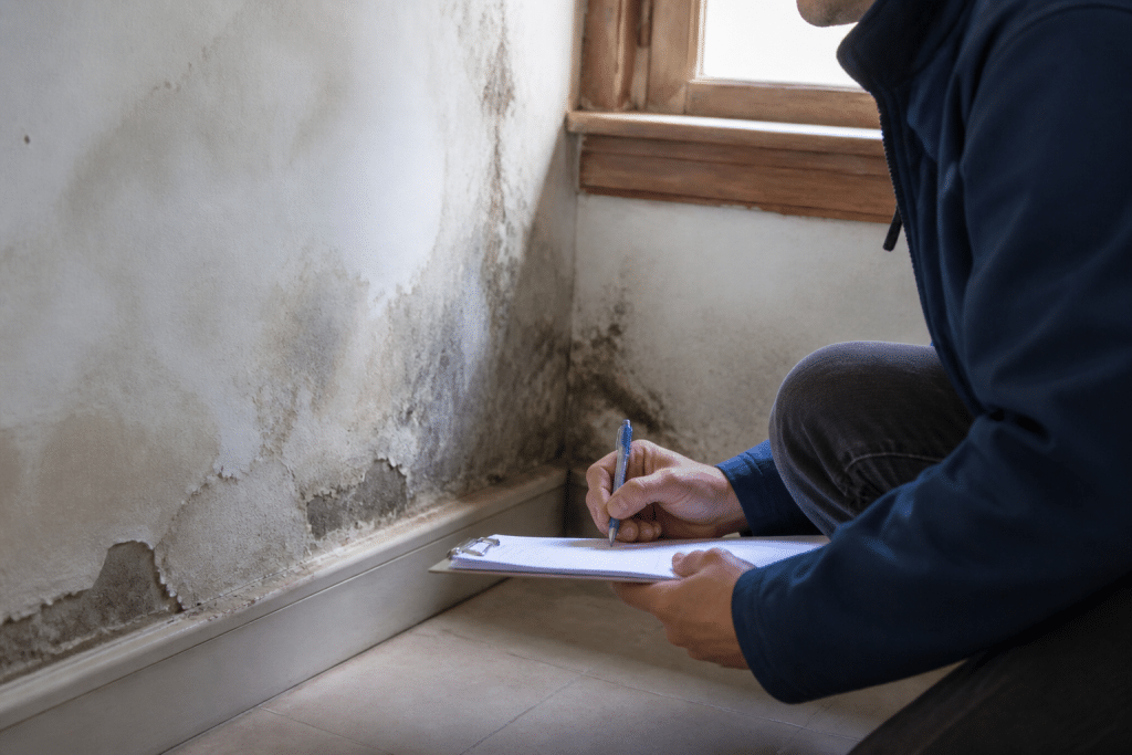 Devis humidite sur mur avec mesures et stylo