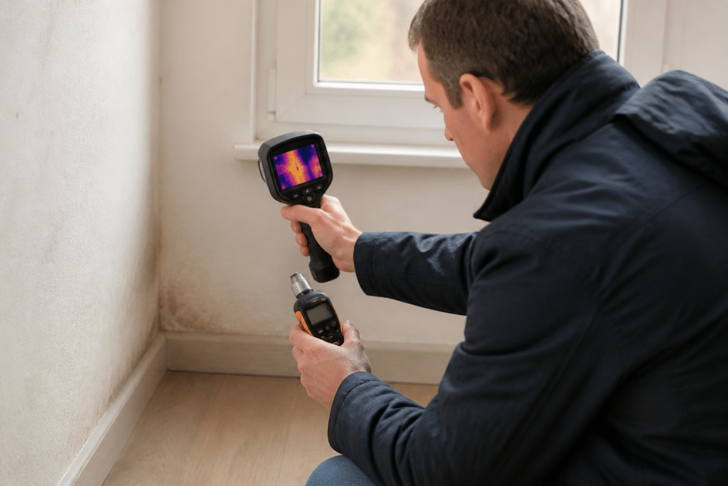 Technicien utilisant humidimetre et camera thermique inspection
