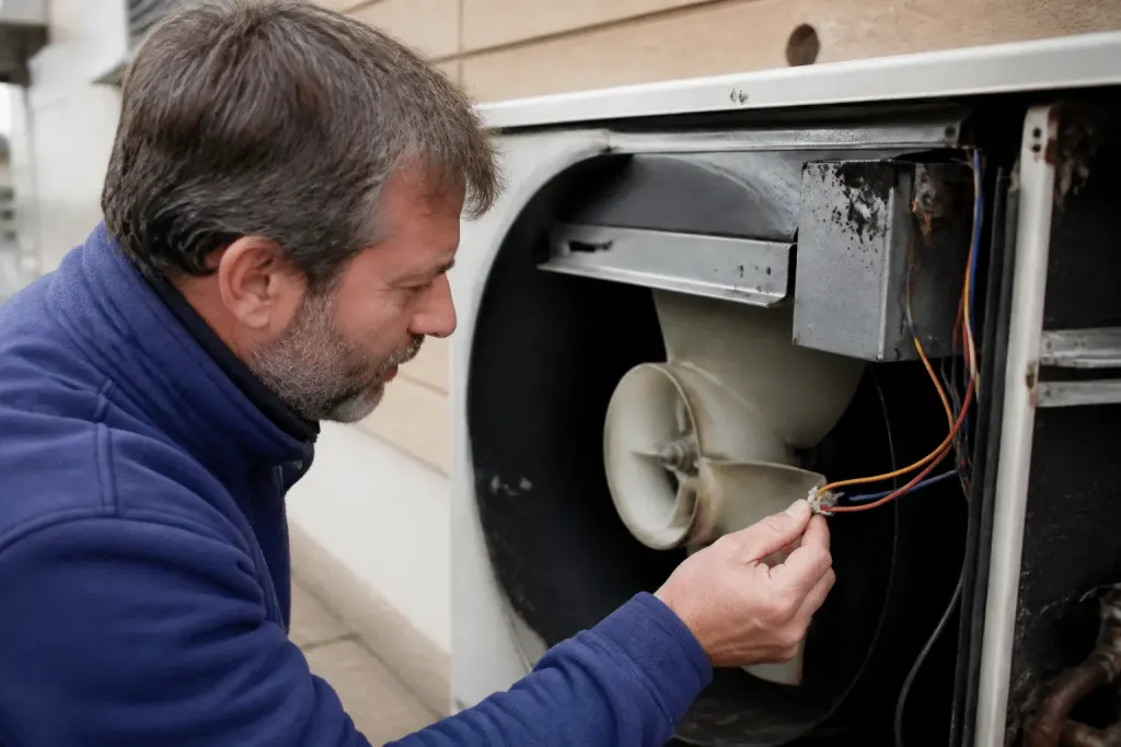 Technicien inspectant fils oxydés moteur ventilateur pompe chaleur