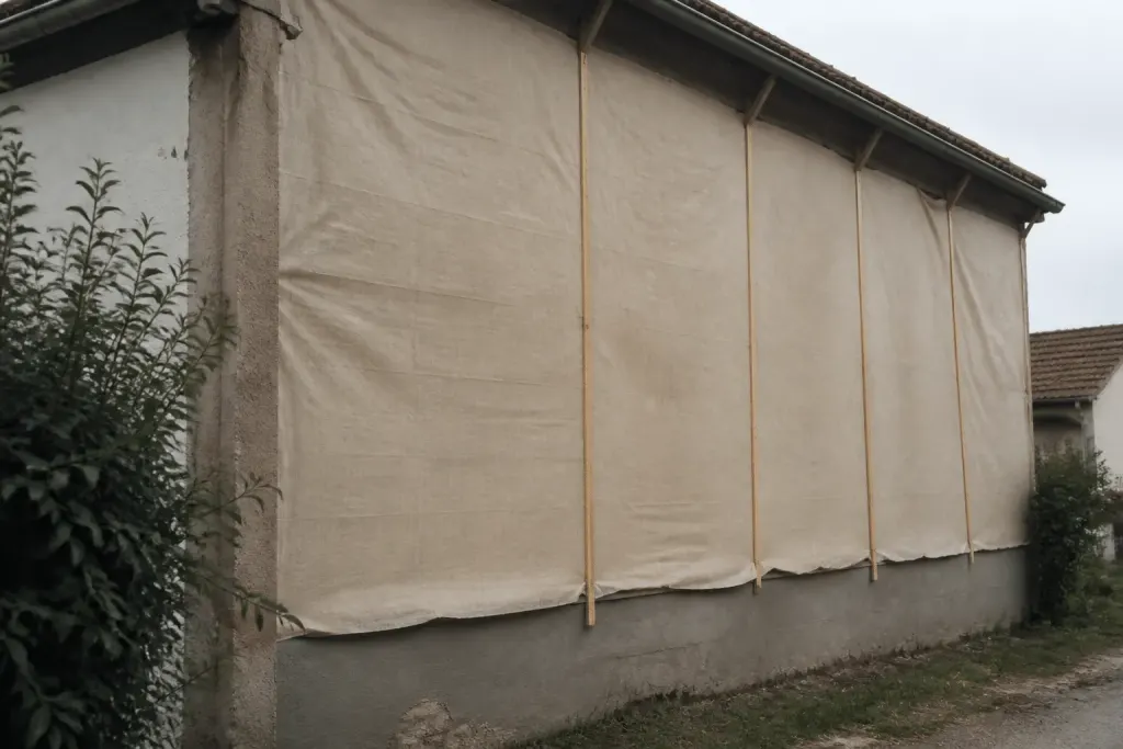 Facade enduite protegee par bache pereable pendant sechage