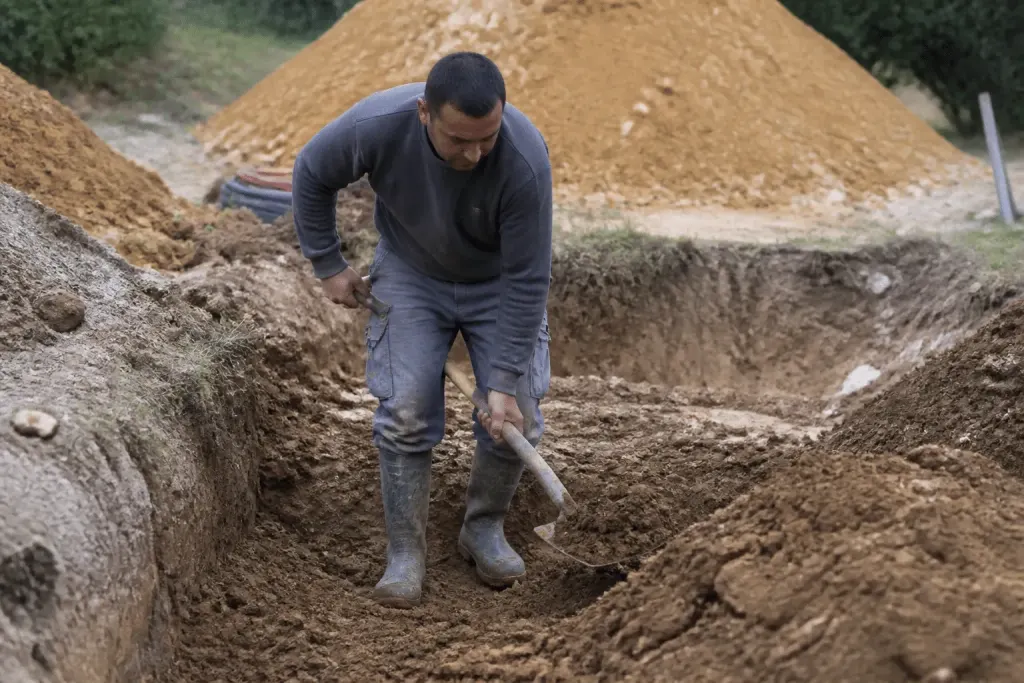 Ouvrier creusant fondations terrain avec pelle métallique