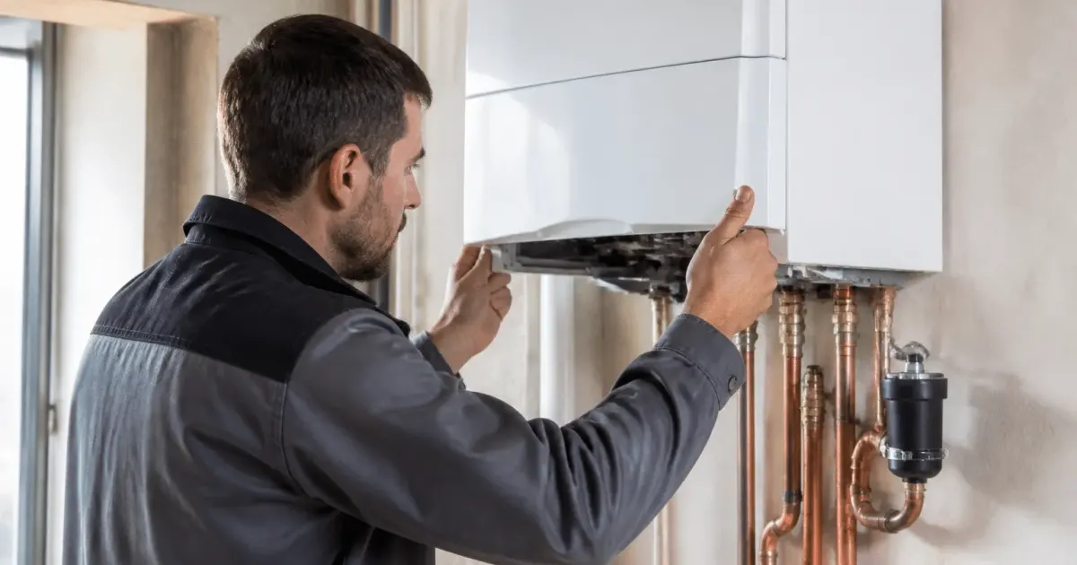 Technicien installant nouvelle chaudiere condensation murale moderne