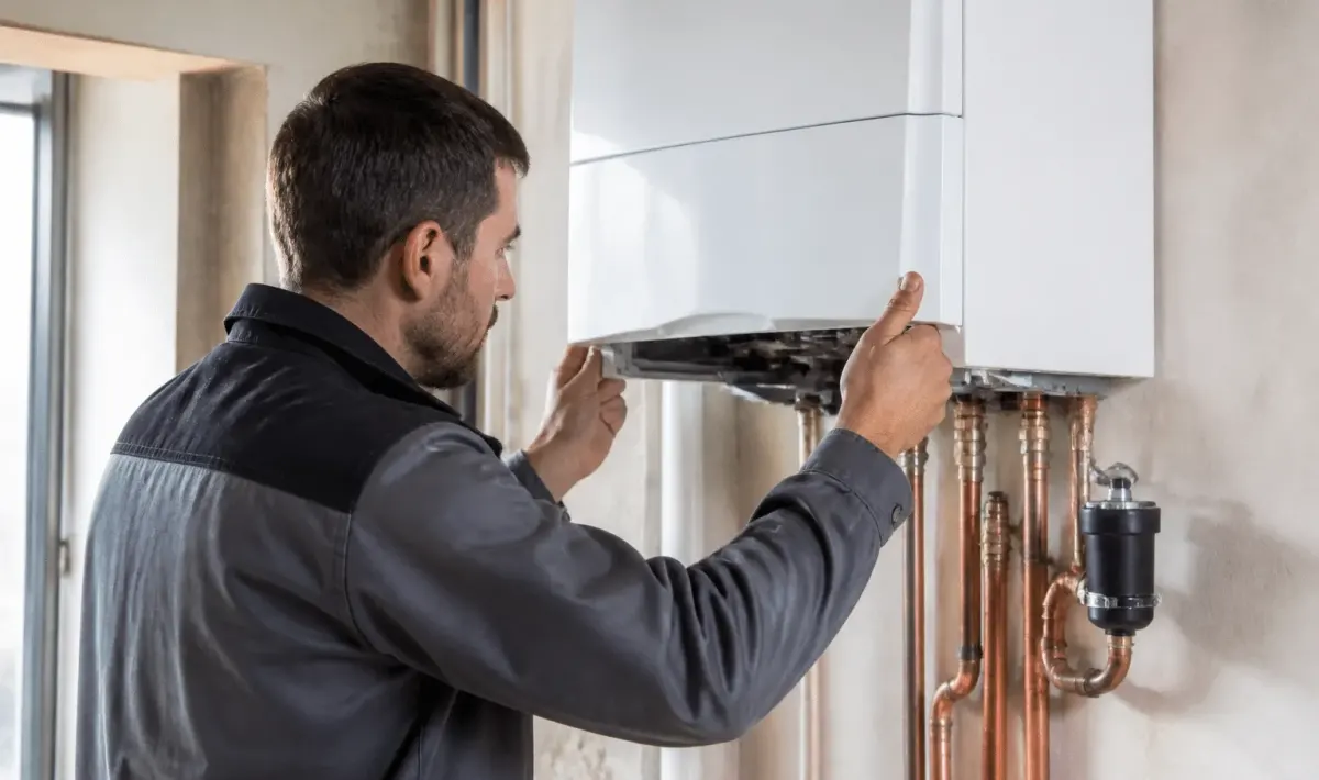 Technicien installant nouvelle chaudiere condensation murale moderne