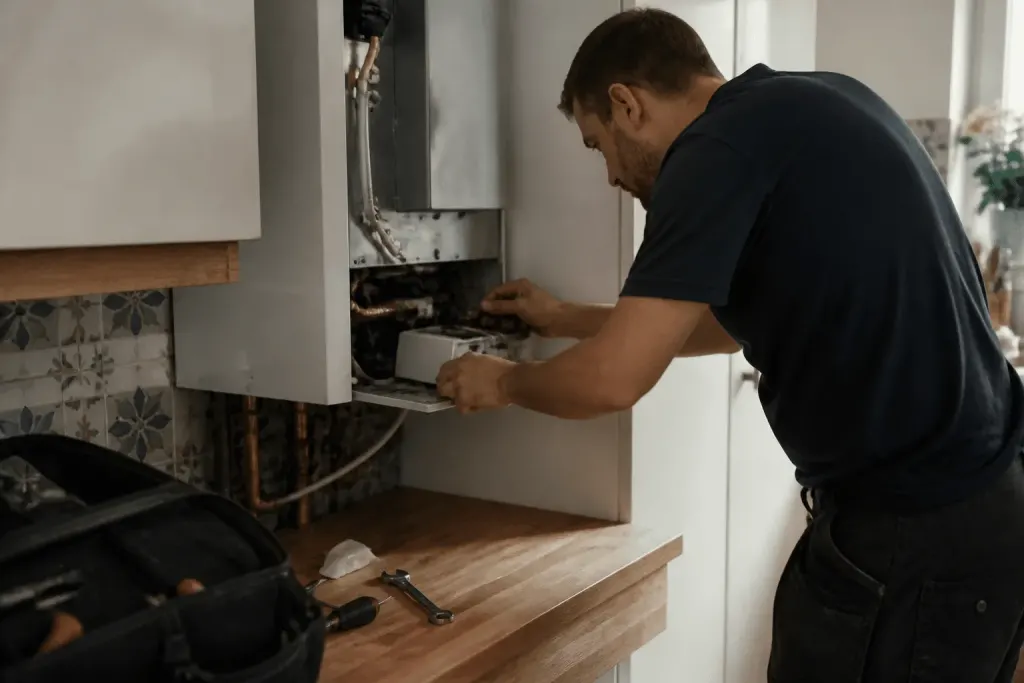 Technicien installant nouvelle chaudière dans cuisine résidentielle