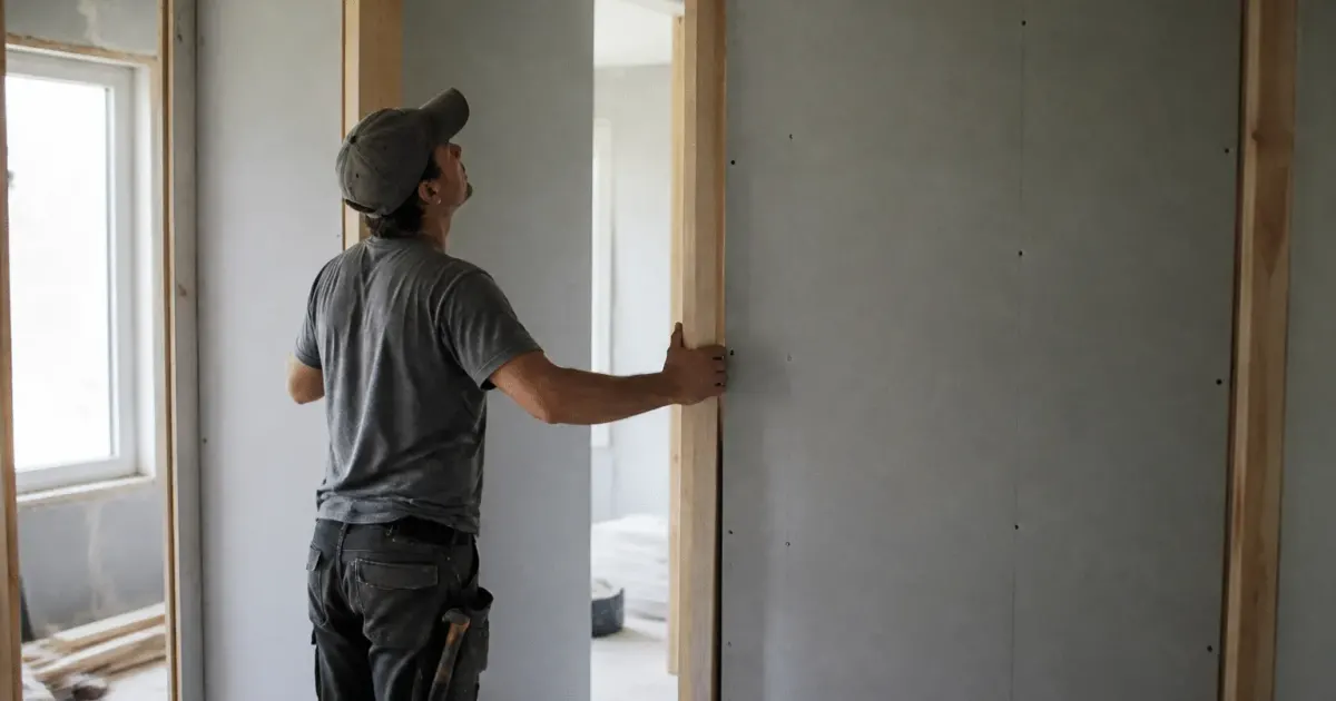 Charpentier installant cadre porte verticalement dans cloison grise