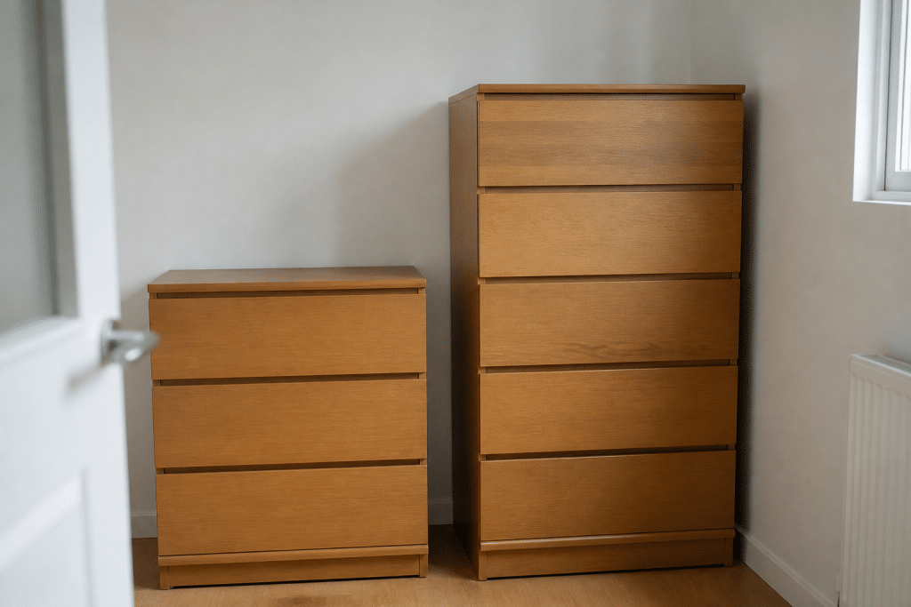 Deux meubles de rangement côte à côte montrant hauteur différente.