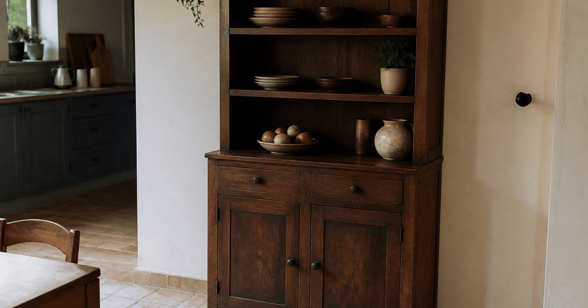 Meuble de rangement bois fonce dresse contre mur cuisine