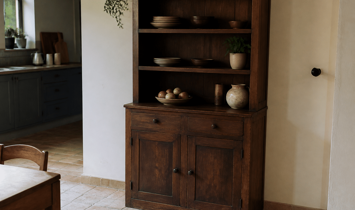 Meuble de rangement bois fonce dresse contre mur cuisine