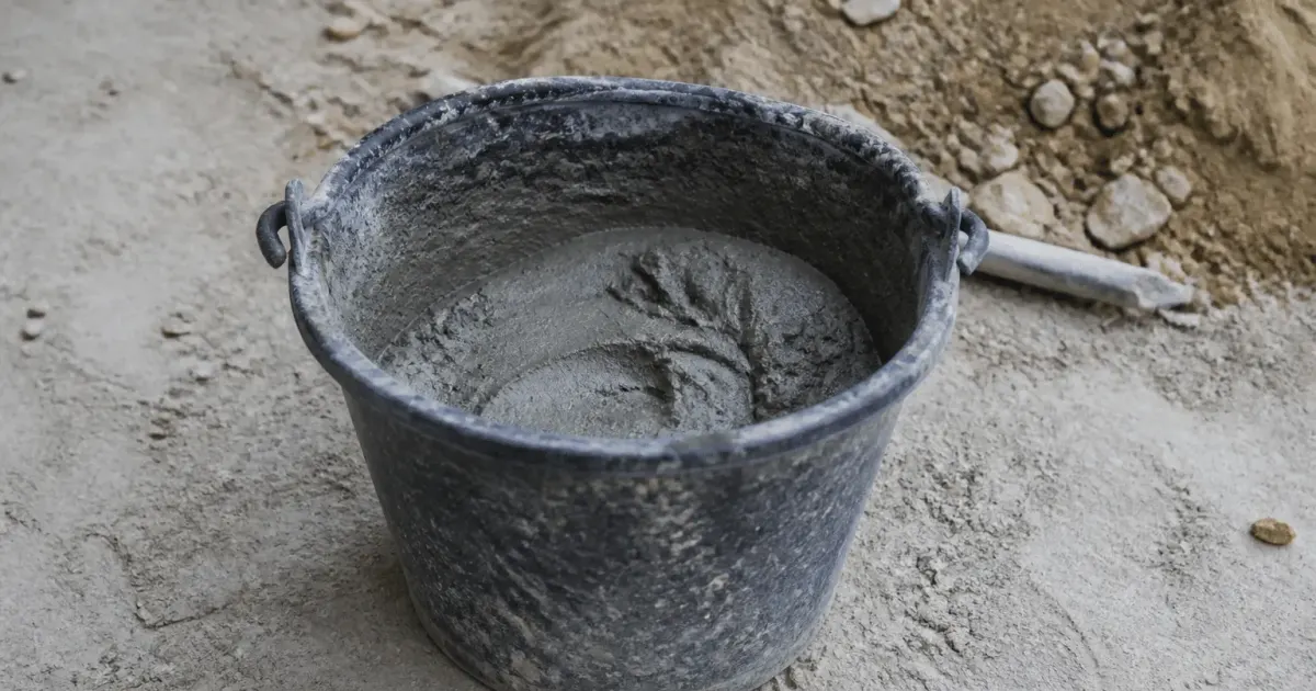 Seau de mortier gris pret a l emploi sur chantier