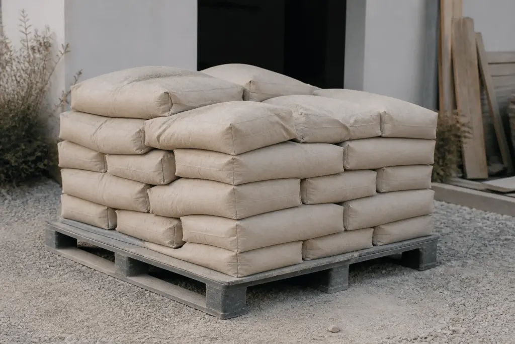 Sacs de mortier a la chaux empiles sur palette grise