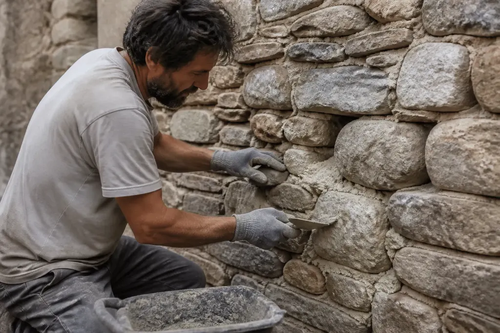 Maçon appliquant mortier chaux entre pierres anciennes