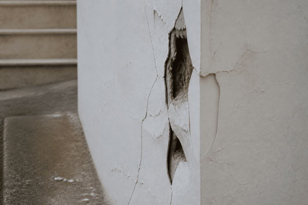 Mur blanc avec trous profonds et fissures visibles