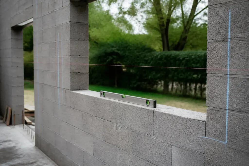 Mur parpaing marqué craie cordeau niveau bulle fenêtre
