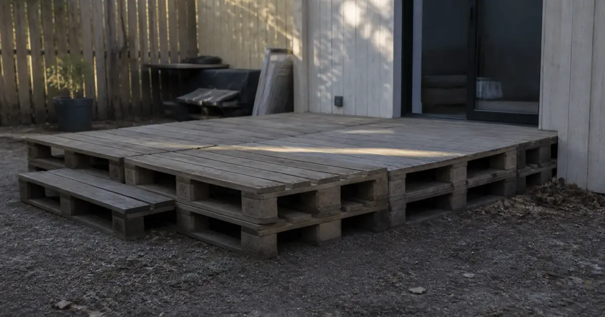 Palettes empilees horizontalement formant une terrasse surélevée