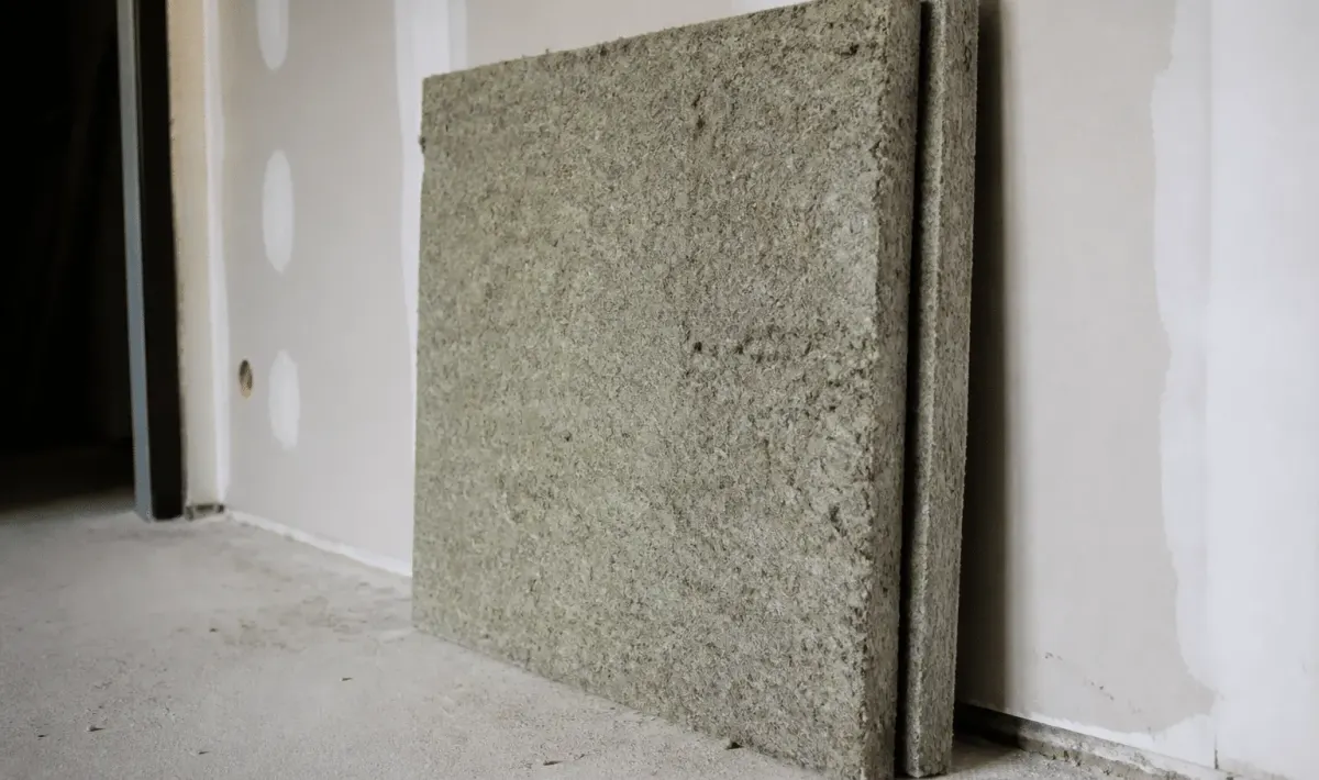 Panneau isolant fibreux epais pose verticalement contre mur