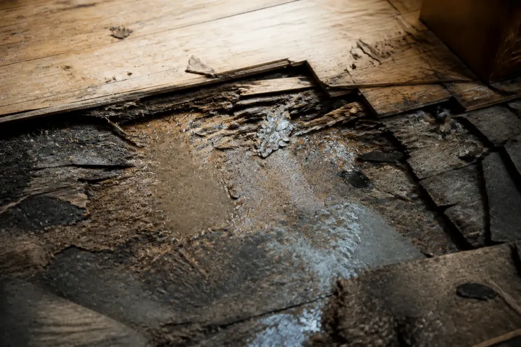 Plancher pourri avec bois spongieux et zones humides visibles