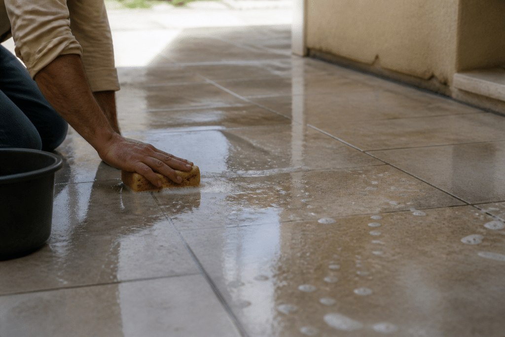 Surface poussiereuse nettoyee a l'eau savonneuse avant travaux