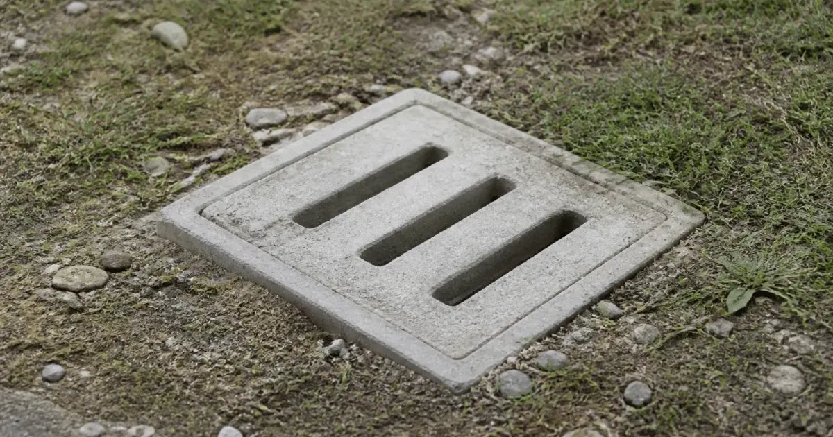 Regard en béton gris positionné au sol pour drainage