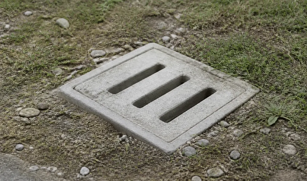 Regard en béton gris positionné au sol pour drainage