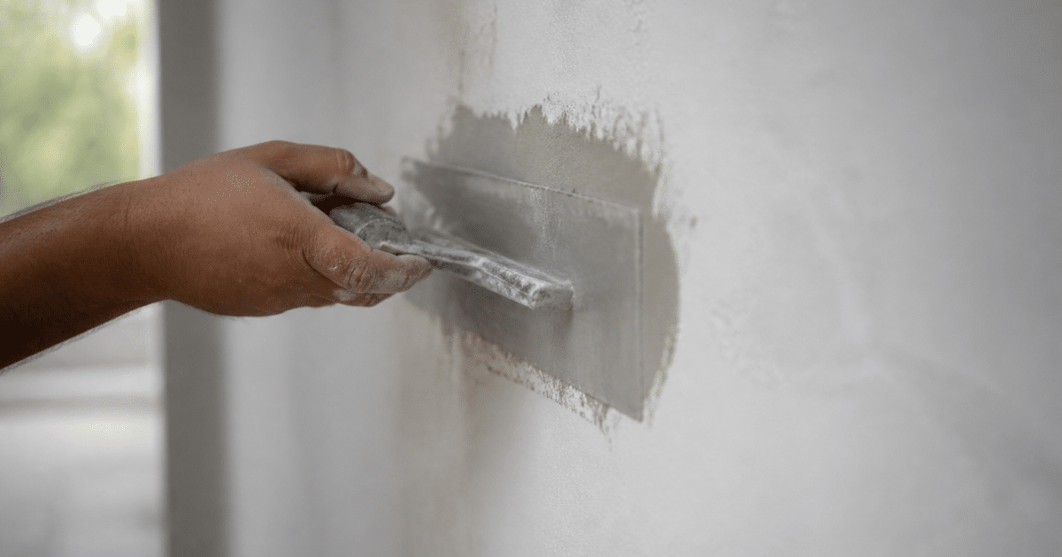 Spatule appliquant masse grise lisse sur surface murale blanche