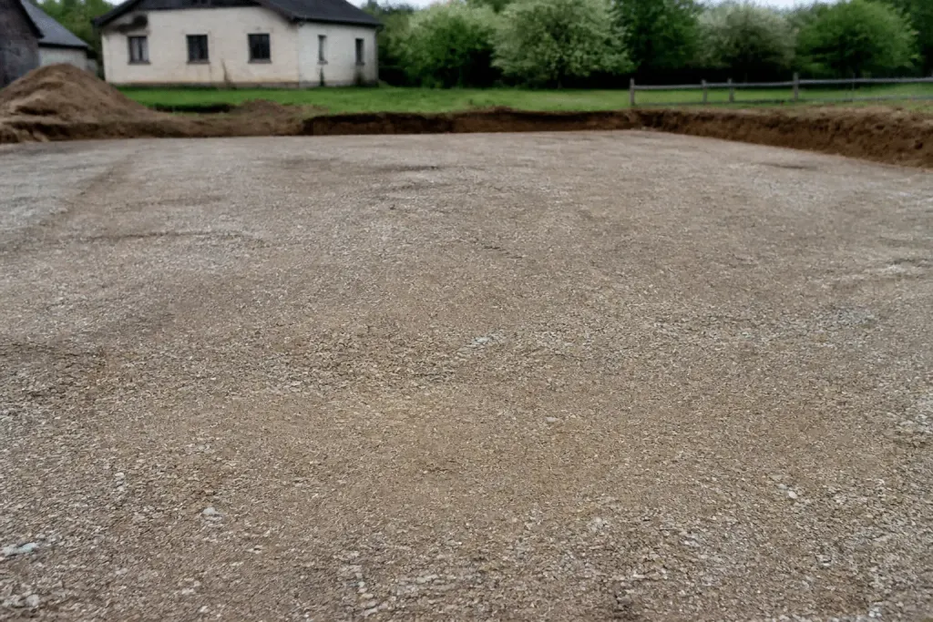 Terrain compacté avec gravier préparé pour construction