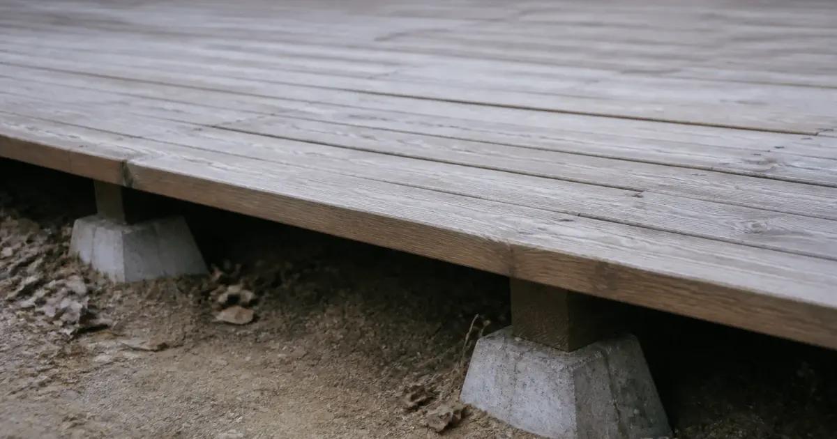 Planches bois horizontal posees sur plots beton eleves