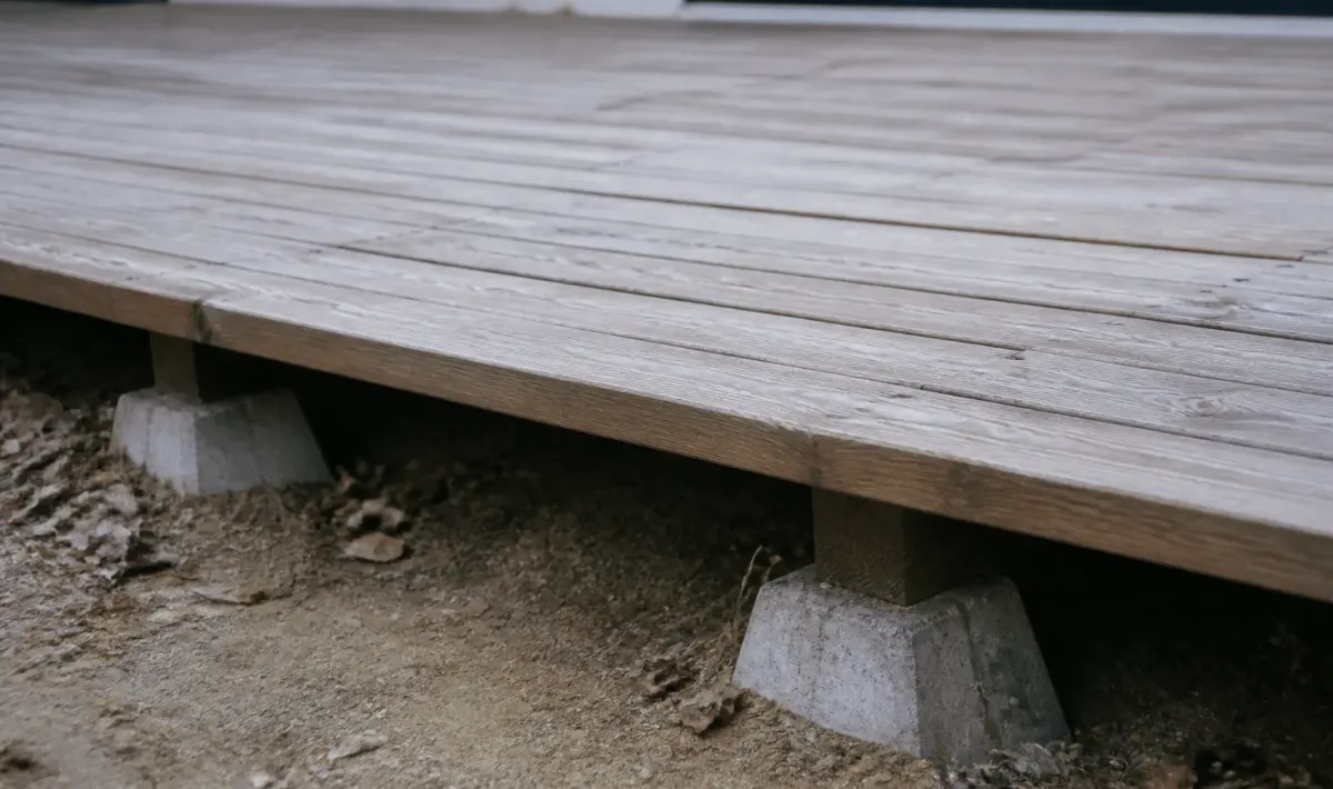 Planches bois horizontal posees sur plots beton eleves