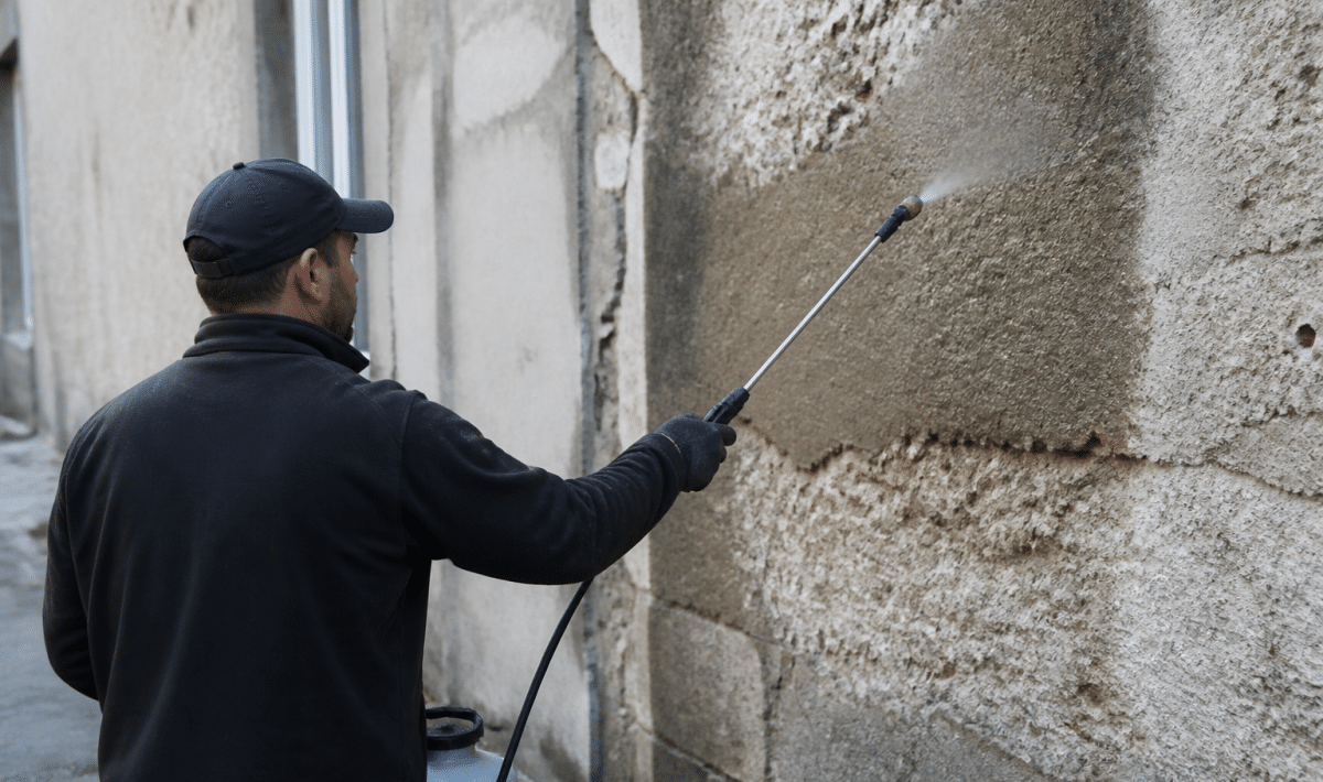 Applicateur pulvérise produit protecteur sur surface murale verticale