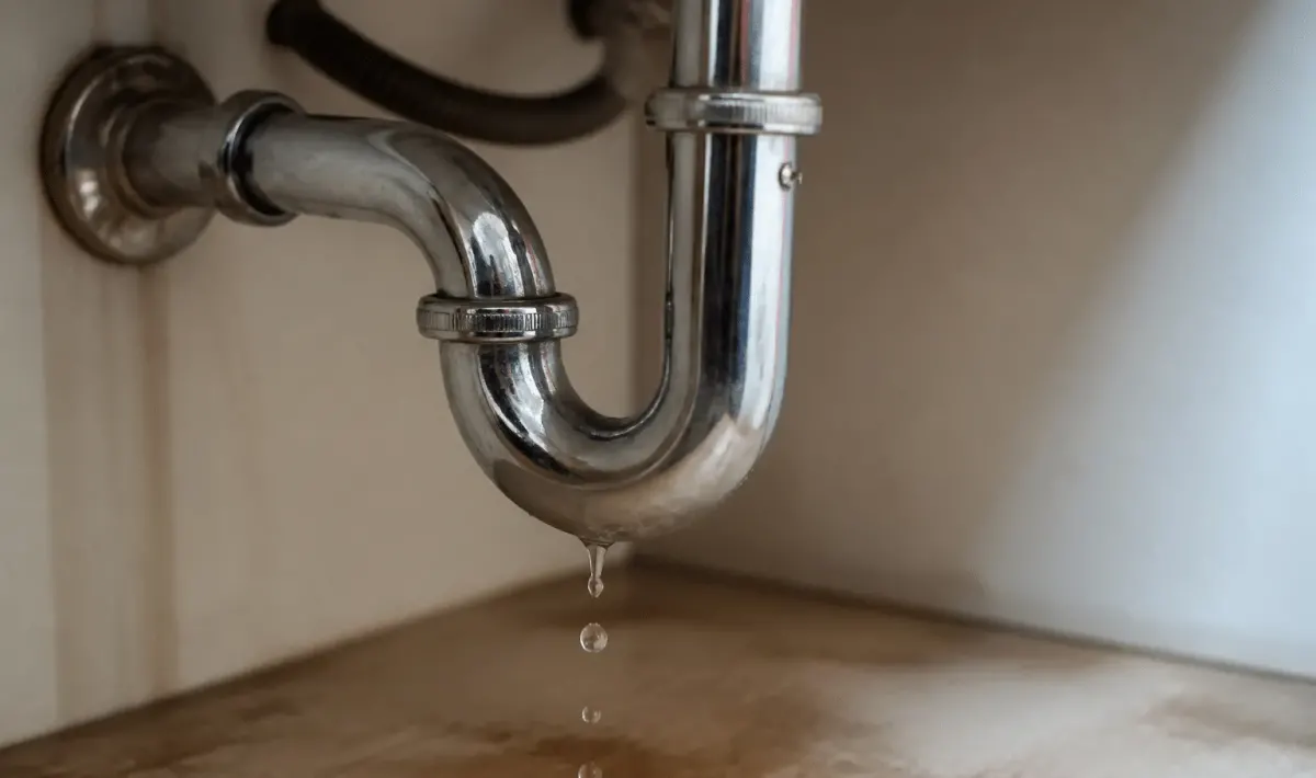Tuyauterie metallique sous evier avec gouttes d'eau tombant vers le sol