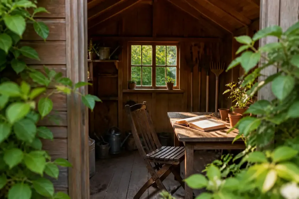Abri de jardin en bois avec carnet ouvert