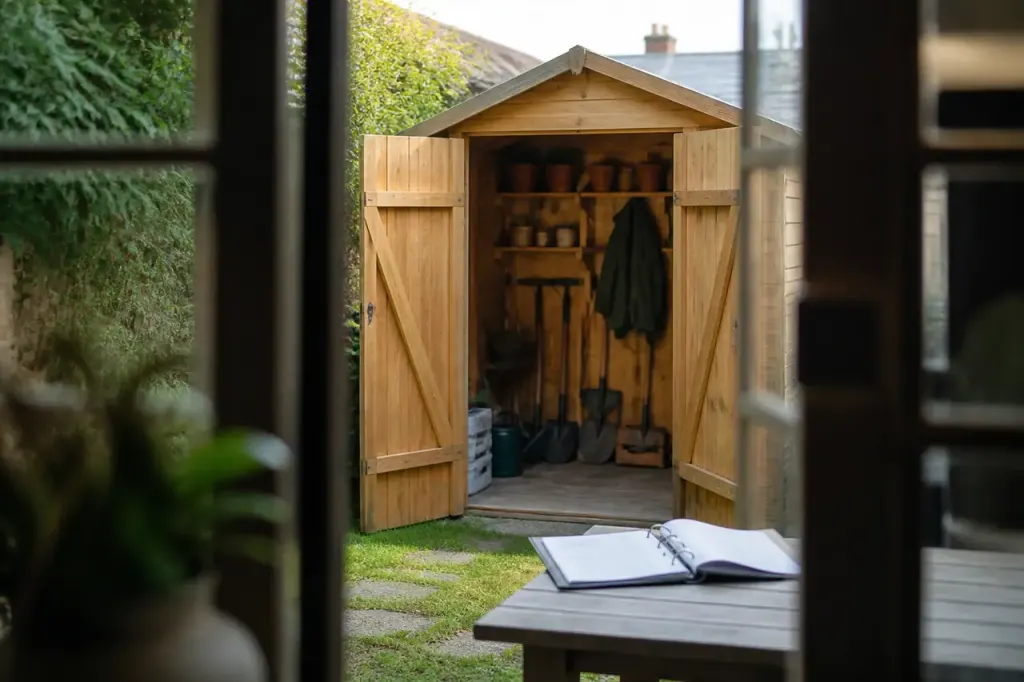 Abri de jardin en bois et classeur ouvert