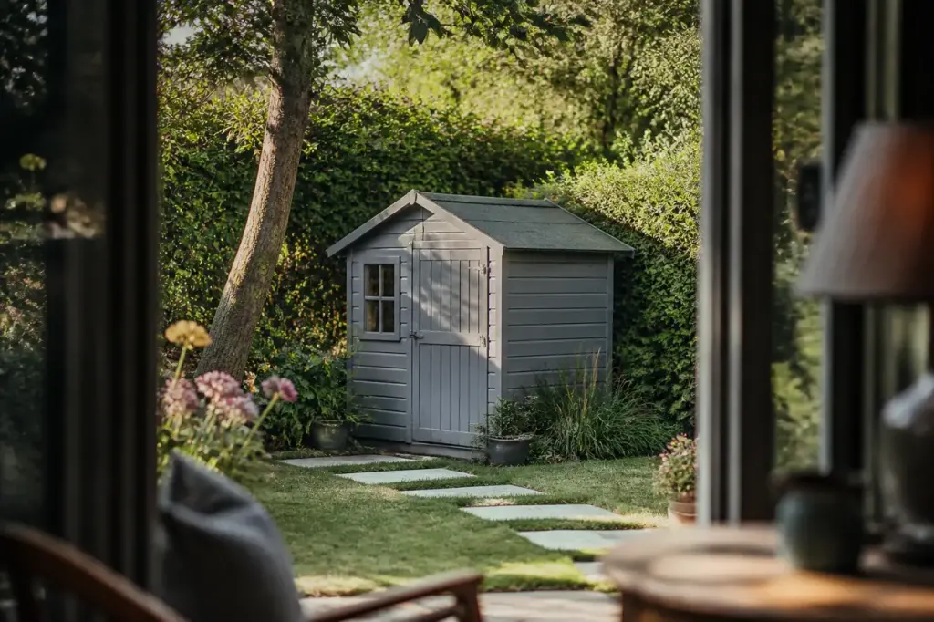 Abri de jardin en bois gris dans une pelouse