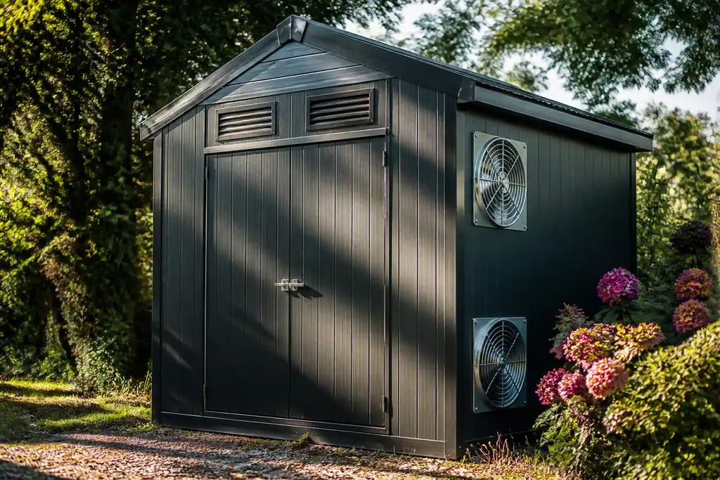 Abri de jardin equipe de ventilateurs et grilles metalliques