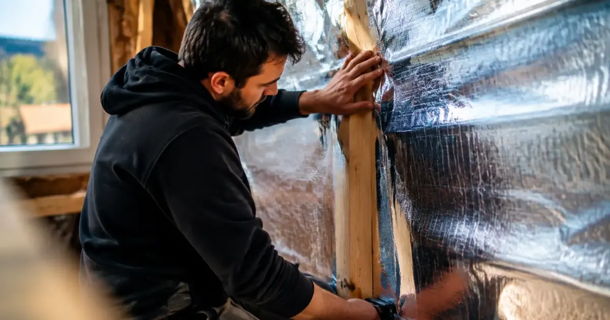 Artisan agenouille fixant feuille metallisee contre cloison