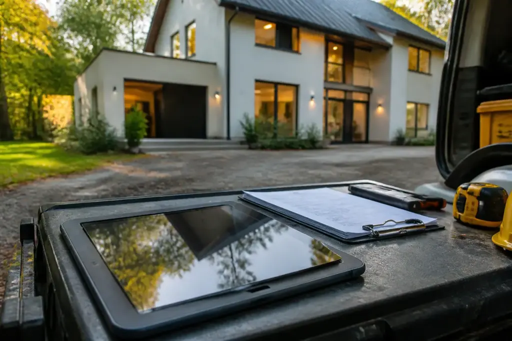 Artisan vérifiant un certificat sur tablette devant une maison