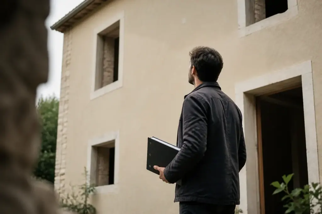 Artisan tenant un classeur devant une facade isolee