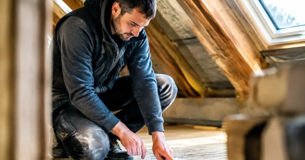 Artisan couvreur pointant un devis papier dans des combles