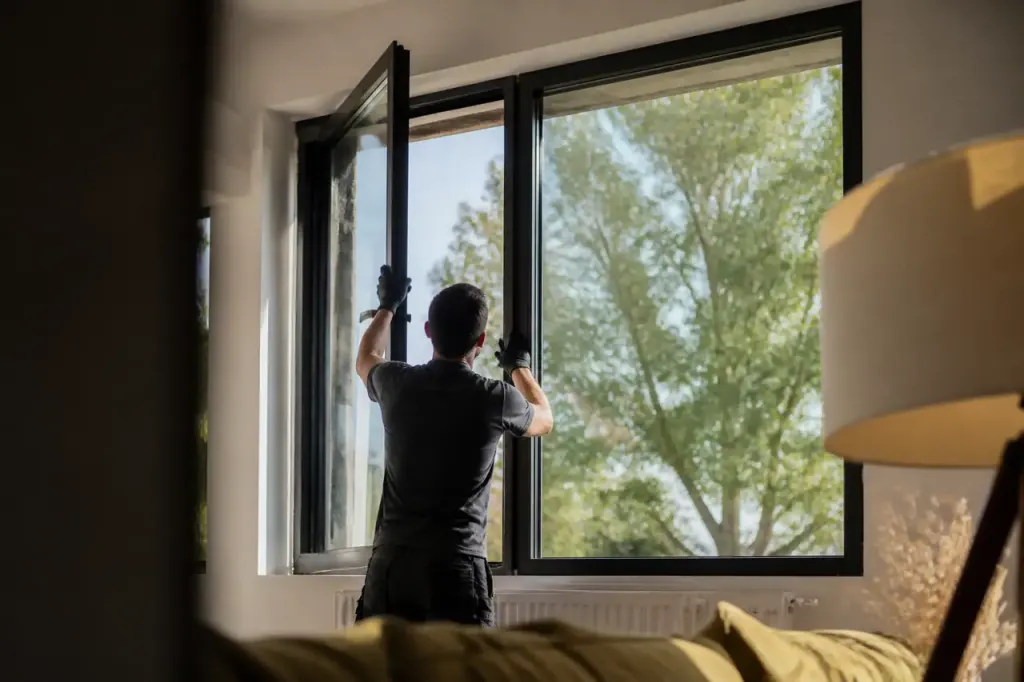 Artisan posant une fenetre double vitrage dans un salon