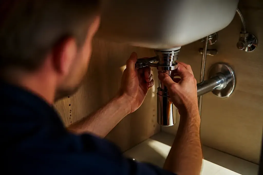 Artisan serrant un raccord chrome sous un lavabo