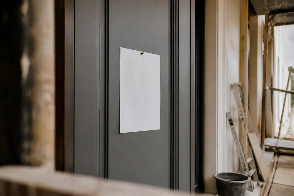 Avis officiel epingle sur porte grise, travaux visibles autour