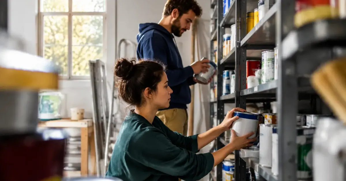 Deux bénévoles rangent des pots de peinture sur étagère