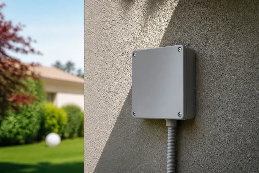 Boitier gris argente fixe sur mur exterieur