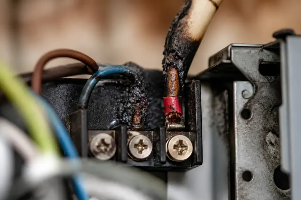 Borne electrique noircie avec fil rouge mal serre