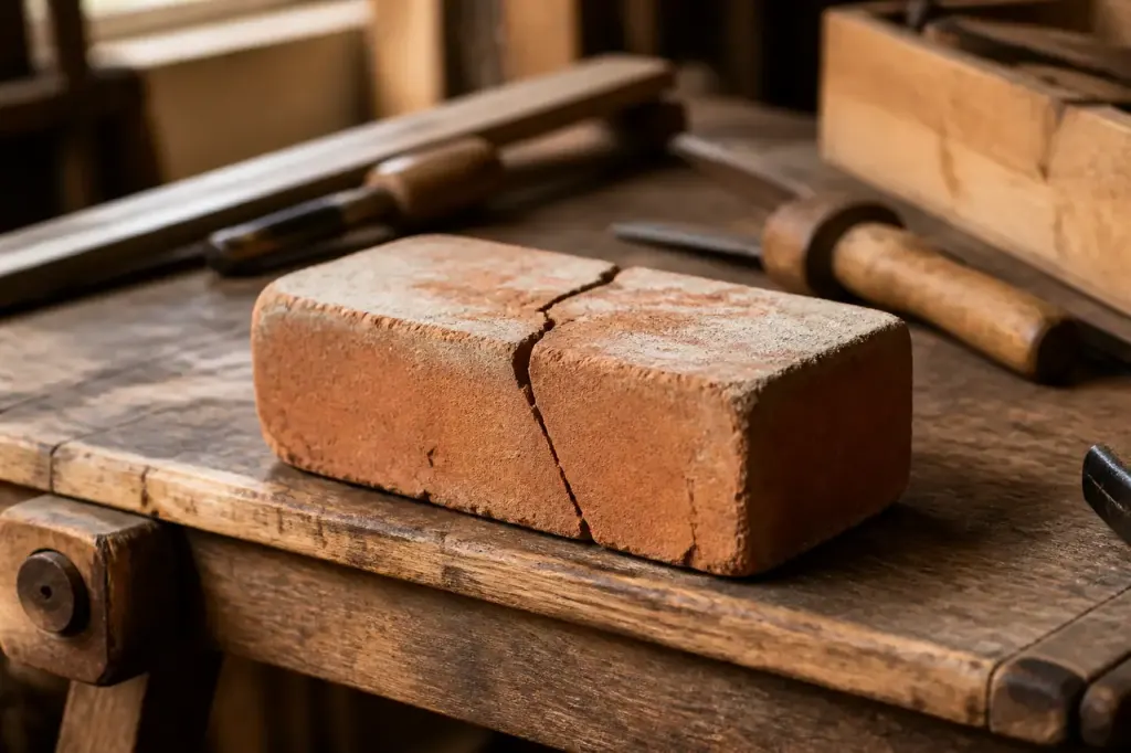 Brique fissuree posee sur un etabli en bois