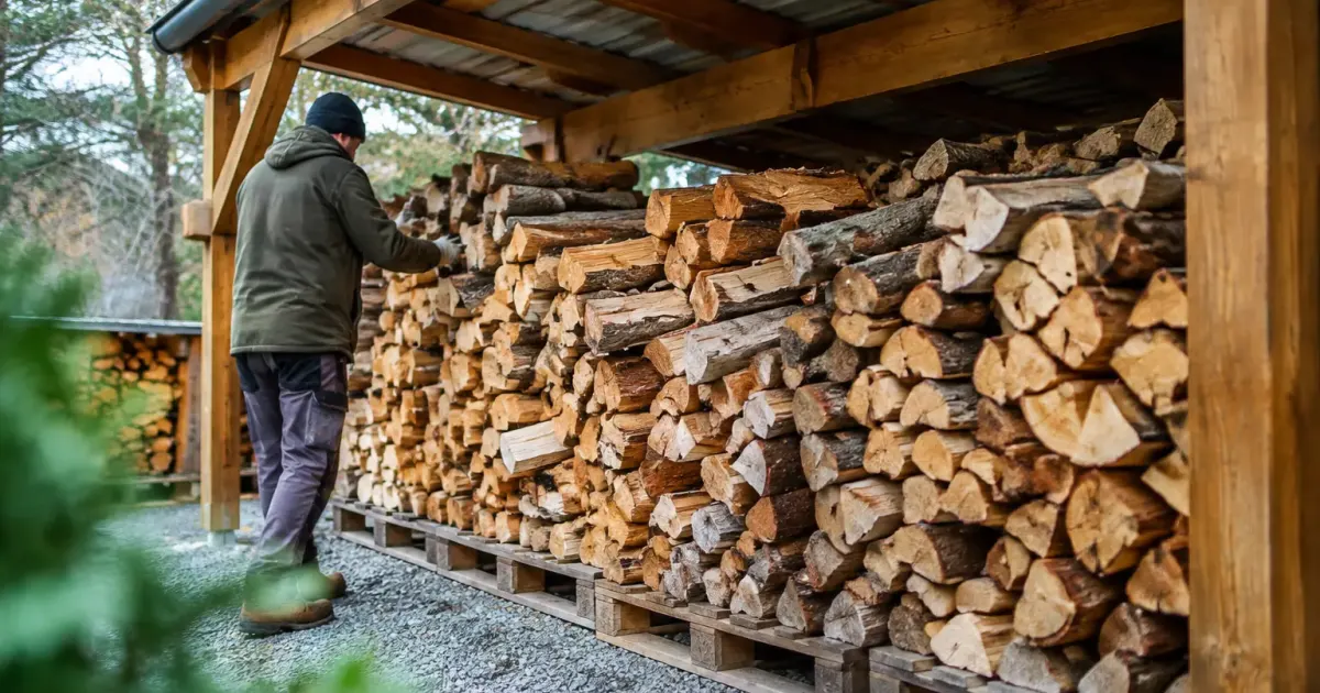 Buches empilees sur palettes sous un abri ouvert