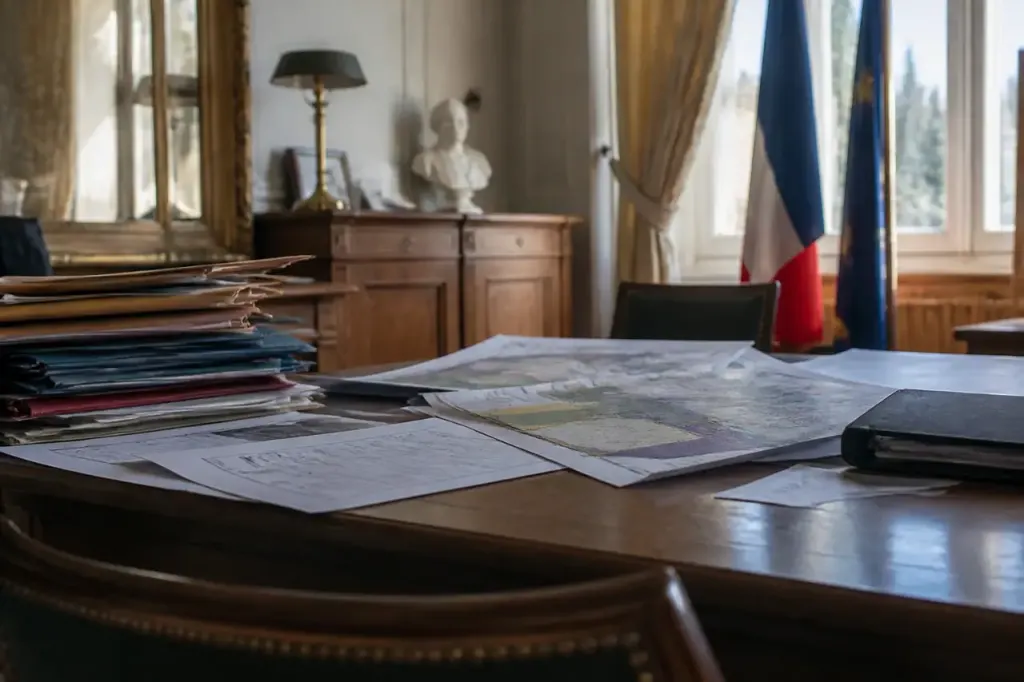 Bureau de mairie avec dossier papier et plan